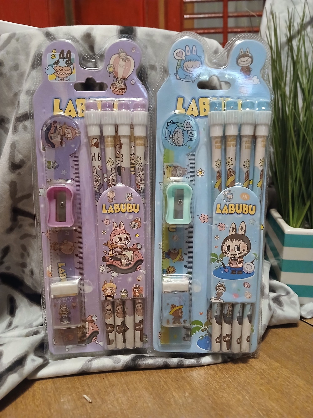 Kids Labubu  Pencil Set with Erasers & Sharpener - Blue & Purple